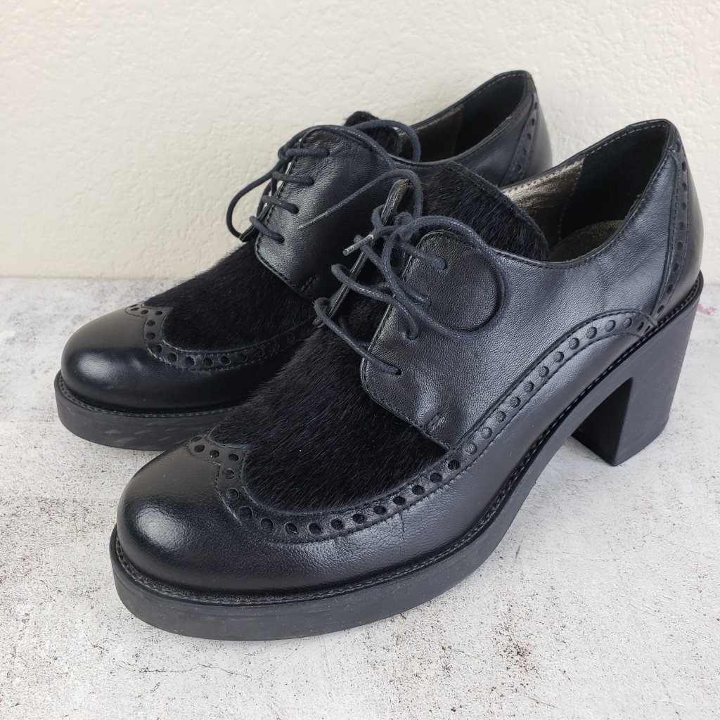 Tosca Blu Shoes Oxfords Leather Fur Block Heels Chunky Platform Size 39 Us 8.5-9